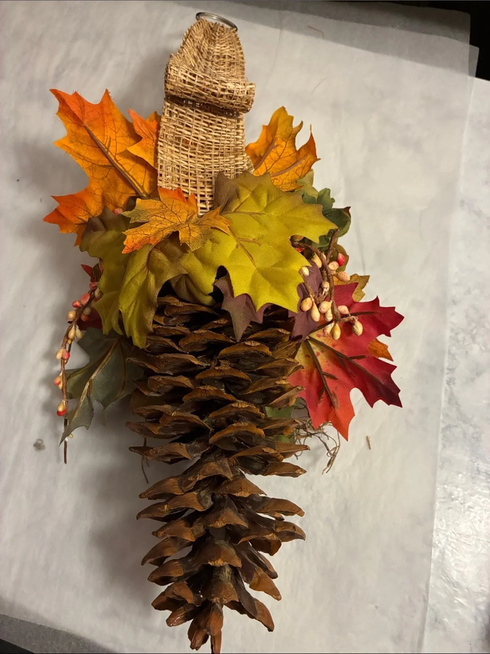 Autumn Pinecone Door Hanger with Fall Leaves and Scarecrow Accent